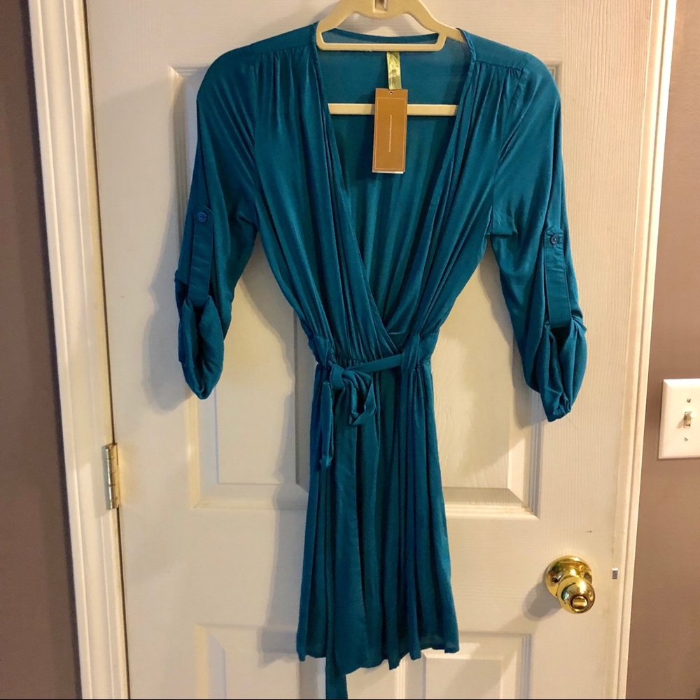 Teal wrap dress roll tab sleeve